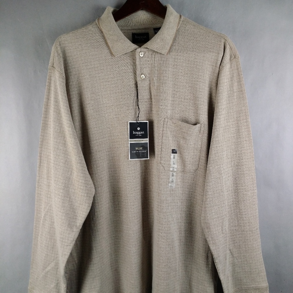 NWT Haggar Mens Long Sleeve Polo Shirt Tan Size XL